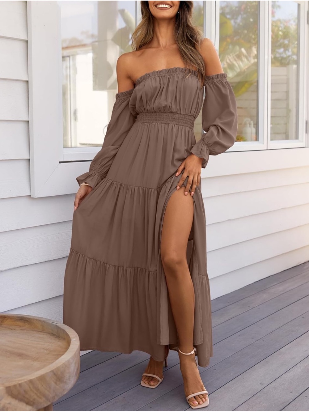 Off-Shoulder Taupe Maxi Dress with Side Slit